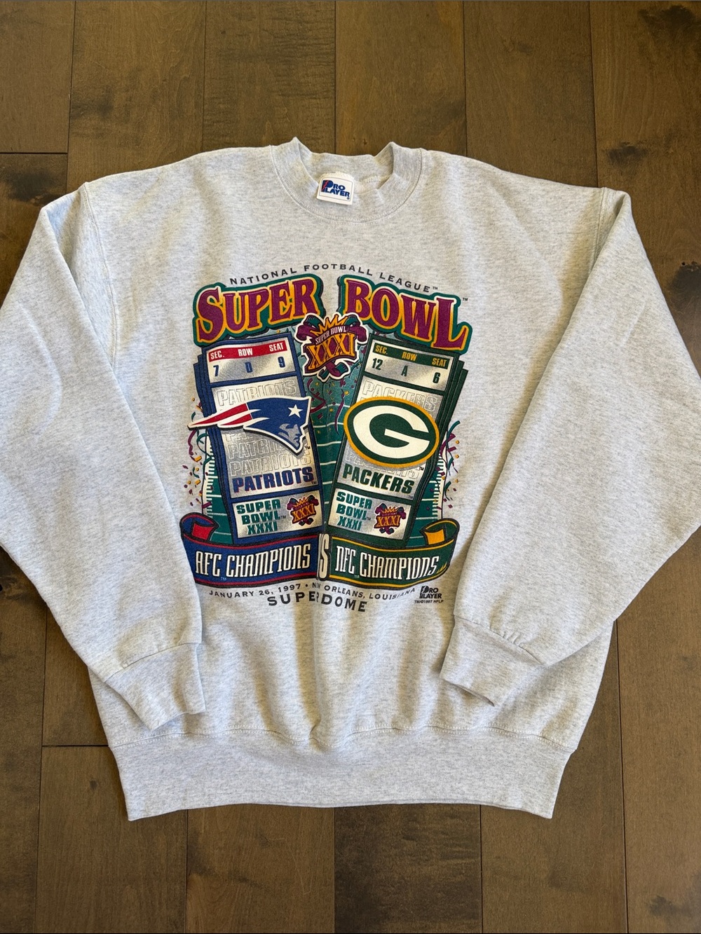 Vintage 1997 Super Bowl XXXI Crewneck Sweatshirt Packers Patriots Pro Player XL